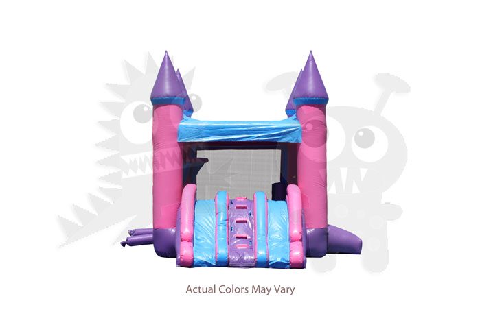 Pink/Purple/Blue Castle Combo Bounce House with Double Slide and Basketball Hoop Commercial Inflatable For Sale
