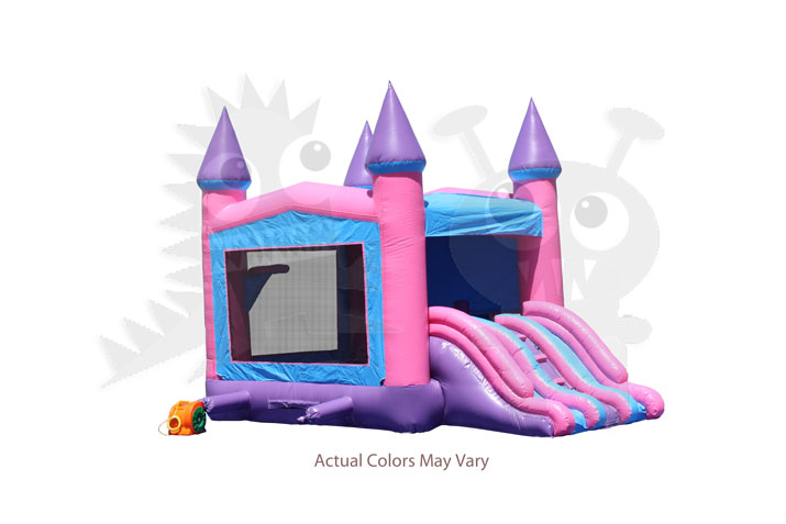 Pink/Purple/Blue Castle Combo Bounce House with Double Slide and Basketball Hoop Commercial Inflatable For Sale